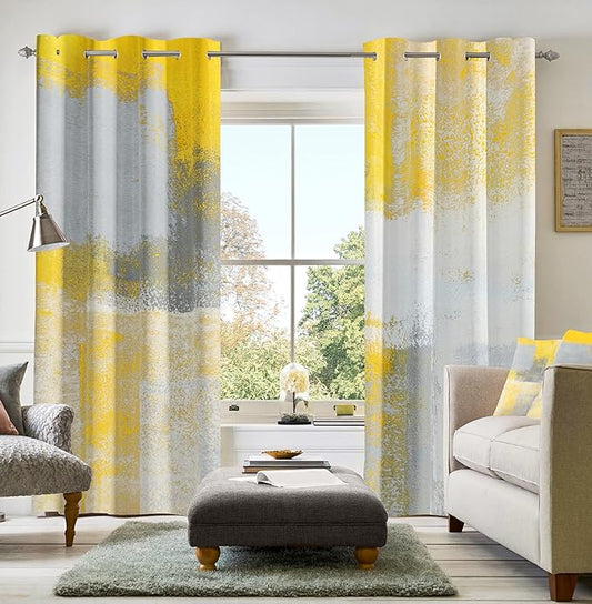 Yellow Window Curtain Yellow Grey Abstract Thermal Insulating Drapes Rust Art Treatment Drapes Modern Curtains for Living Room Bedroom Hotel, 52" x 96", 2 Panels