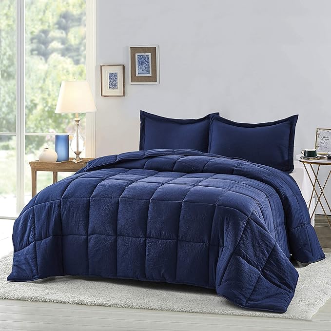 HIG 3pc Prewashed All Season Down Alternative Comforter Duvet Insert -Quilted Comforter with Corner Tabs -Box Stitched -250GSM Fiberfill Chic Farmhouse Style Bedding(Salomon,King,Navy)