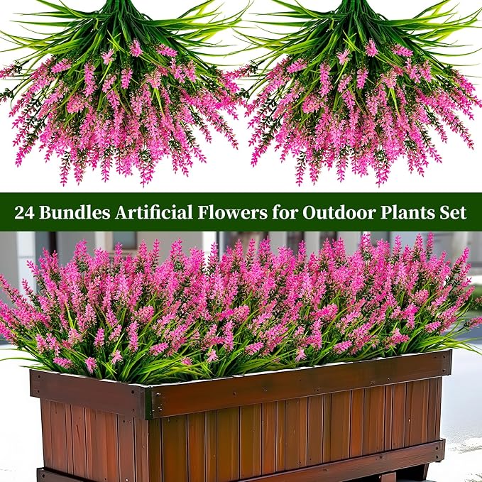 Artificial Flowers for Outdoor Plants 24 Bundles Fake Lavender Plastic Faux Monkey Grass for Verandah Window Garden Office Patio Front Porch UV Resistant for Planter(Pink)