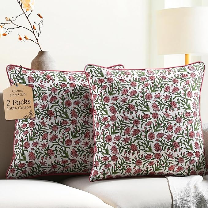 CPC 100% Cotton Throw Pillow Covers 18x18 Inch, Set of 2 Red Block Print Pattern Couch Pillow, Cute Boho Decorative Pillows for Living Room, Bedroom with Hidden Zipper- Red Garnet