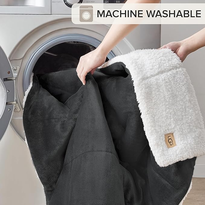 UGG Nita Throw Blanket Soft Reversible Plush Throw for Couch or Bed Washable Warm Fluffy Blanket for College Dorm Essentials and Bedding with Down Alternative Fill, 50-inch x 70-inch, Charcoal Grey