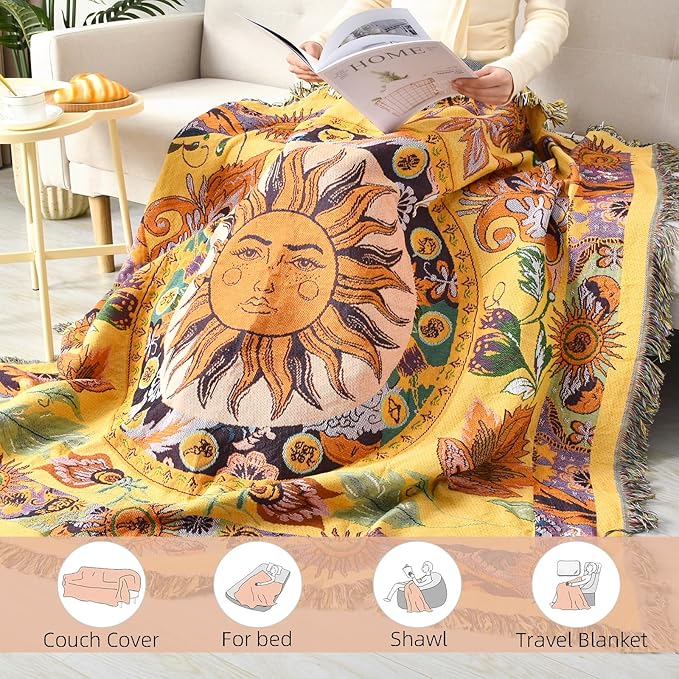 Boho Throw Blanket Reversible Cotton Bohemian Tapestry Hippie Room Decor Outdoor Blanket Double Sided (National Sun Pattern Yellow 50"x60")