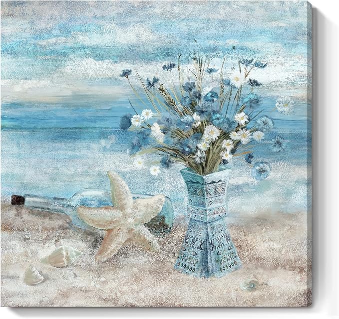 Beach Wall Art for Living Room Blue Ocean Theme Canvas Print Modern Abstract Coastal Picture Seascape Painting Daisy Flower in Indian Vase Framed Artwork for Seaside Bedroom Bathroom Office 24x24inch