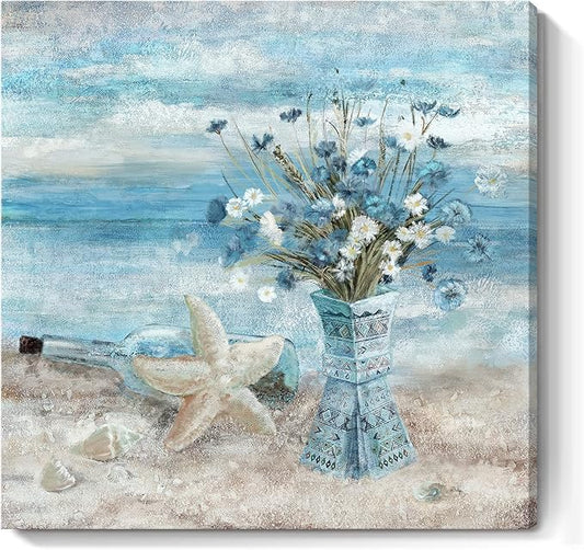 Beach Wall Art for Living Room Blue Ocean Theme Canvas Print Modern Abstract Coastal Picture Seascape Painting Daisy Flower in Indian Vase Framed Artwork for Seaside Bedroom Bathroom Office 24x24inch