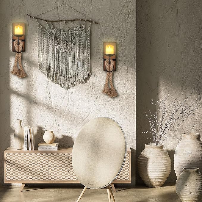Wall Sconce Candle Holder Black Wall-Mount Metal and Wooden Candle Holders Hanging Iron Wall Candle Sconce Holder and use Hemp Rope Decoration,for Home,Living Room, Bathroom, Dining Room, Set of 2