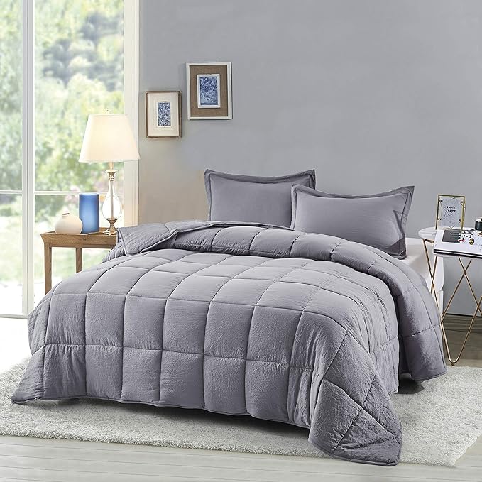 HIG 3pc Prewashed All Season Down Alternative Comforter Duvet Insert - Quilted Comforter with Corner Tabs -Box Stitched -250GSM Fiberfill Chic Farmhouse Style Bedding(Salomon,King,Gray)