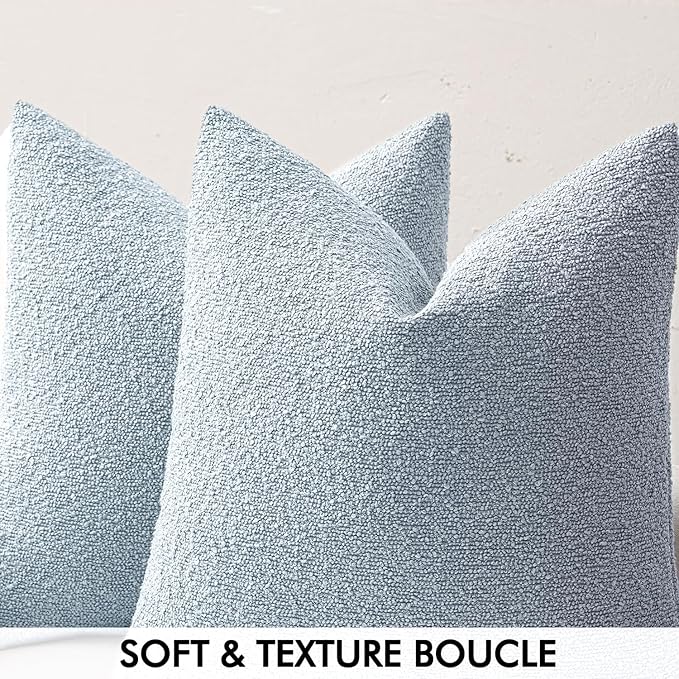 MIULEE 24x24 Decorative Euro Sham Throw Pillows for Bed Set of 2 Textured Boucle Neutral Throw Pillow Coverss Light Blue Accent Solid Couch Pillowcase Cozy Soft Sofa Livingroom Home Decor