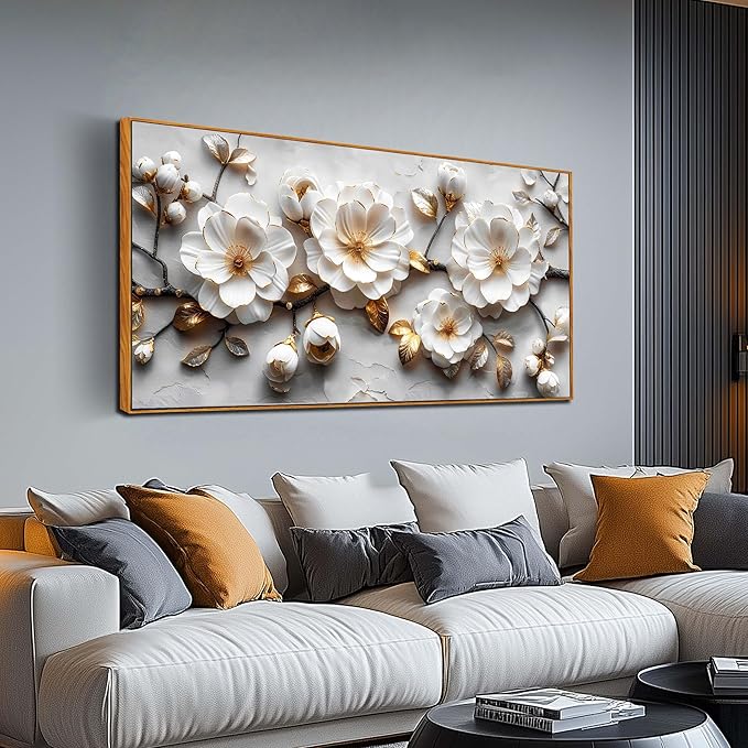 Ouzzlie White Flowers Wall Art for Living Room Floral Beautiful Pictures for Wall Nature Wall Decor Bedroom 24"x 48"