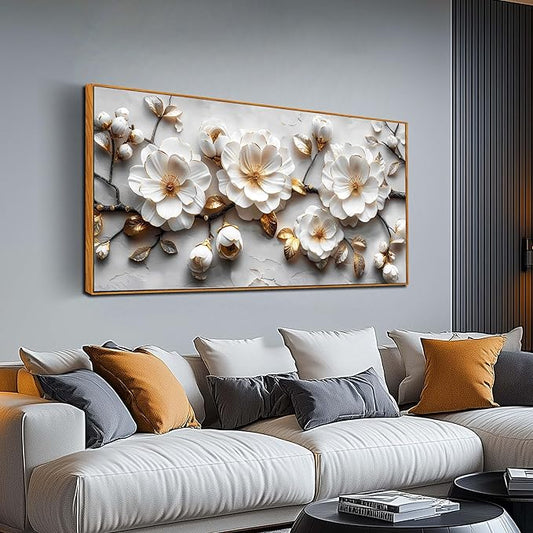 Ouzzlie White Flowers Wall Art for Living Room Floral Beautiful Pictures for Wall Nature Wall Decor Bedroom 24"x 48"