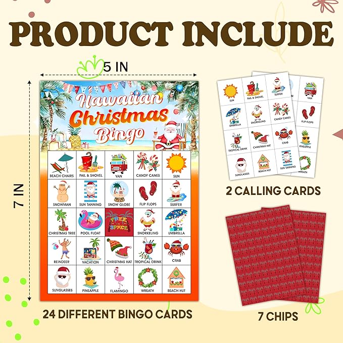 Hawaiian Christmas Bingo Games Cards, Summer Beach Party Game, Tropical Christmas Party Game Decor, Bingo Sets for Adults Large Group, Tropical Christmas Theme Party Activity Supplies -A02