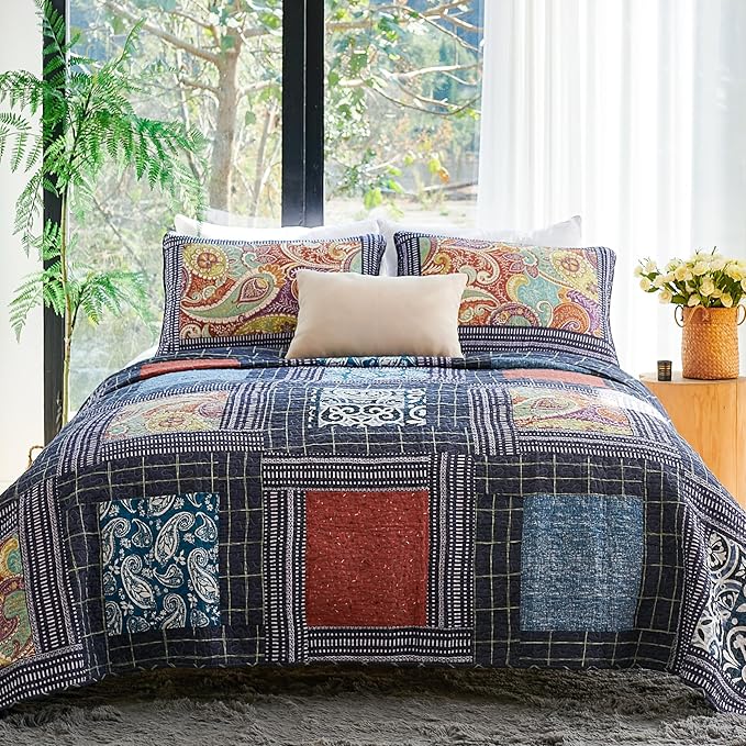Secgo King Size Comforter Set- 100% Cotton Quilt King Size Set, Black bedspreads (96 * 108 Inch) with 2 Pillow Shams, Patchwork Reversible Lightweight Bedding