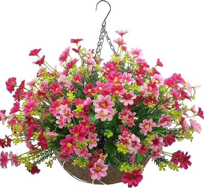 Artificial Faux Hanging Plants Flowers Basket for Spring, Red Daisy Flowers Eucalyptus UV Resistant Look Real for Outdoor Outside Porch Decoration