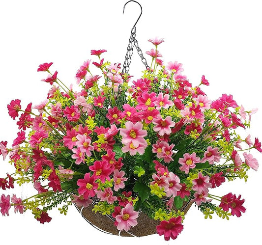 Artificial Faux Hanging Plants Flowers Basket for Spring, Red Daisy Flowers Eucalyptus UV Resistant Look Real for Outdoor Outside Porch Decoration