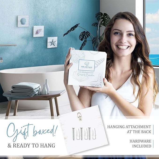 TideAndTales 3D Beach Wall Art - Seashell with Starfish for Coastal Bathroom Decor, Ocean Inspired Decor for Bathroom, Coastal Bedroom, Living Room or Beach House, Set of 3 (6”x 6”)