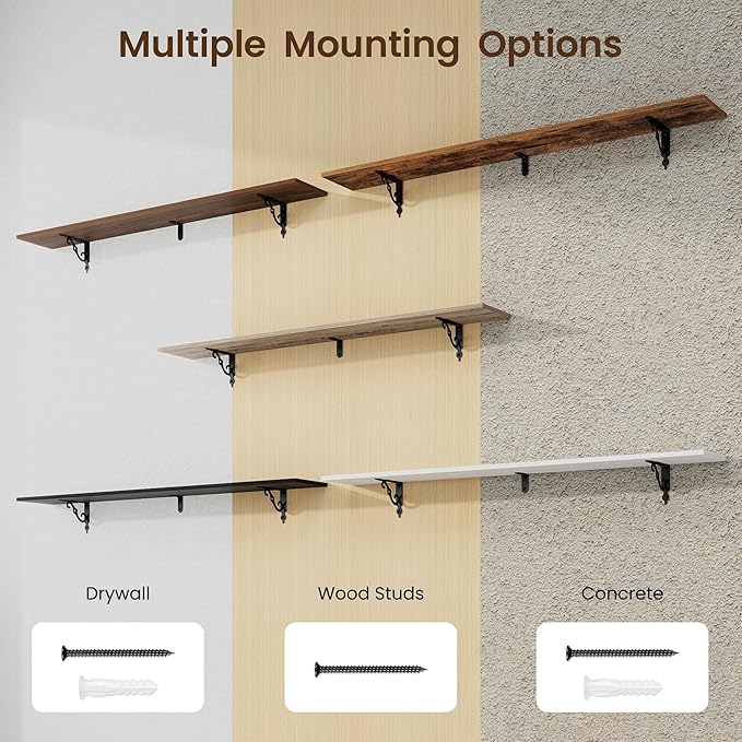 RICHFOCUS Floating Shelves for Wall Decor, 55.1W x 8D Shelves Set of 2, 8 Inch Deep Rustic Wood Shelves Wall Mounted with Brackets, Long Floating Shelves for Living Room Bedroom Kitchen, Grey