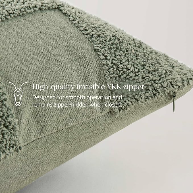 Double Stitch 100% Cotton Throw Pillow Covers - Checkered Tufted Boho Decorative Pillow Covers 20x20, Made in India, Square Cushion Case, Modern Home Decor for Couch, Sofa, Living Room, Sage Green