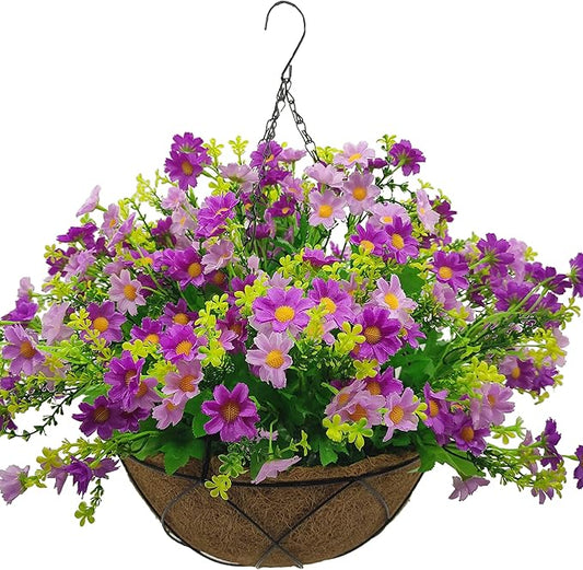Artificial Hanging Flowers with Basket,Fake Daisy Flowers in 12 inch Coconut Lining Hanging Baskets for The Decoration of Courtyard, Indoors, and Outdoors(Violet)