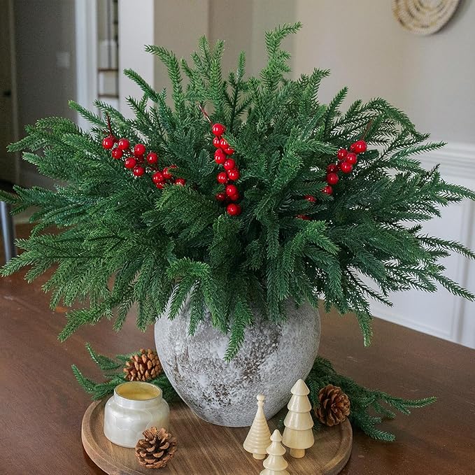 Artificial Faux Christmas Norfolk Pine Stems Branches for Vases,12 Bundles Fake Evergreen Real Touch Greenery Stem with 3 PCS Red Berry Branches for Xmas Holiday Winter Table Indoor Decor