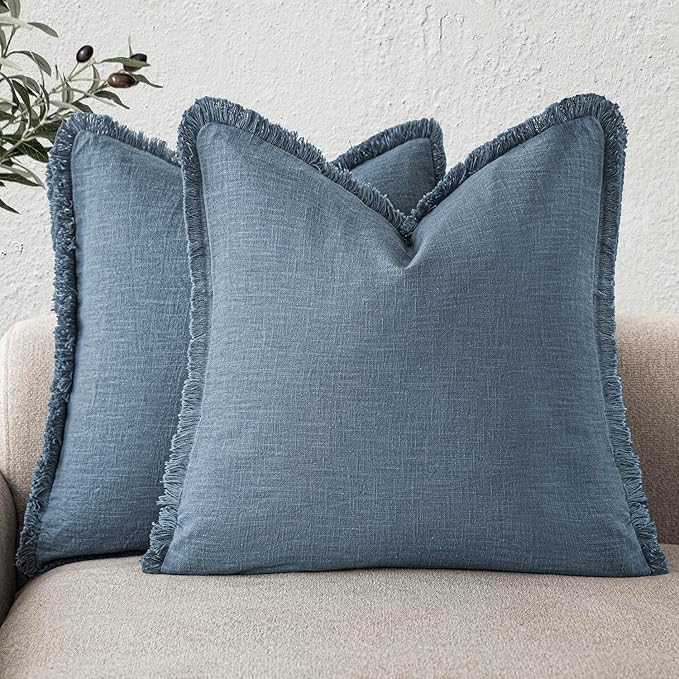 Foindtower Set of 2 Decorative Linen Fringe Throw Pillow Covers Cozy Boho Farmhouse Cushion Cover with Tassels Soft Accent Pillowcase for Couch Sofa Bed Living Room Home Decor, 18×18 Inch, Misty Blue