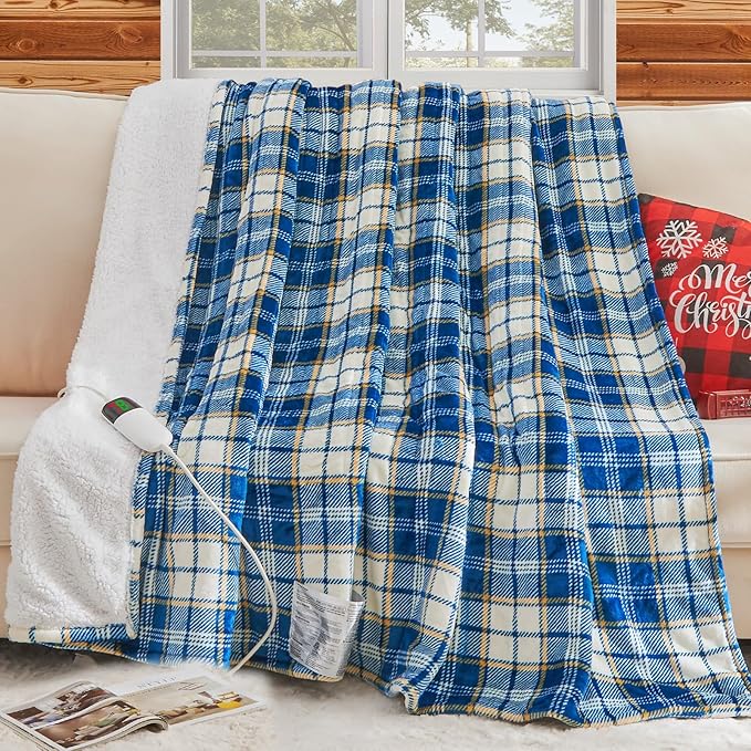 Heated Blanket Electric Full Size 72X84, Heating Throw with 10 Heating Levels/8 Hours Auto Off, Navy Blue Plaid Checkered Sherpa Blanket Warmer for Adults, Washable Gift for Couch Bed Office