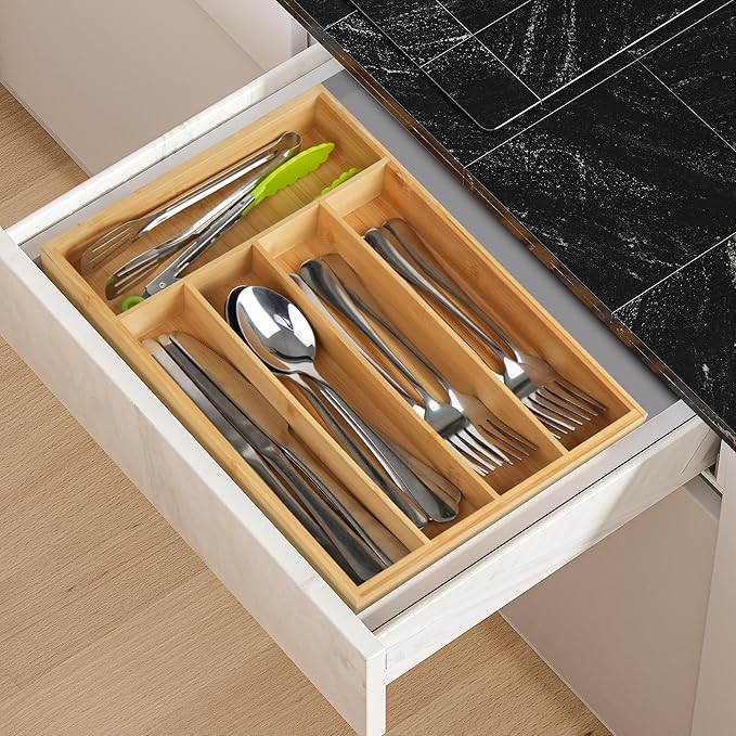 LotFancy Bamboo Kitchen Drawer Organizer, 9.5 Inch Silverware Tray for Small Drawer, Utensil Organizer for Cutlery, Fork, Spoon Storage (5 Slots, Natural)