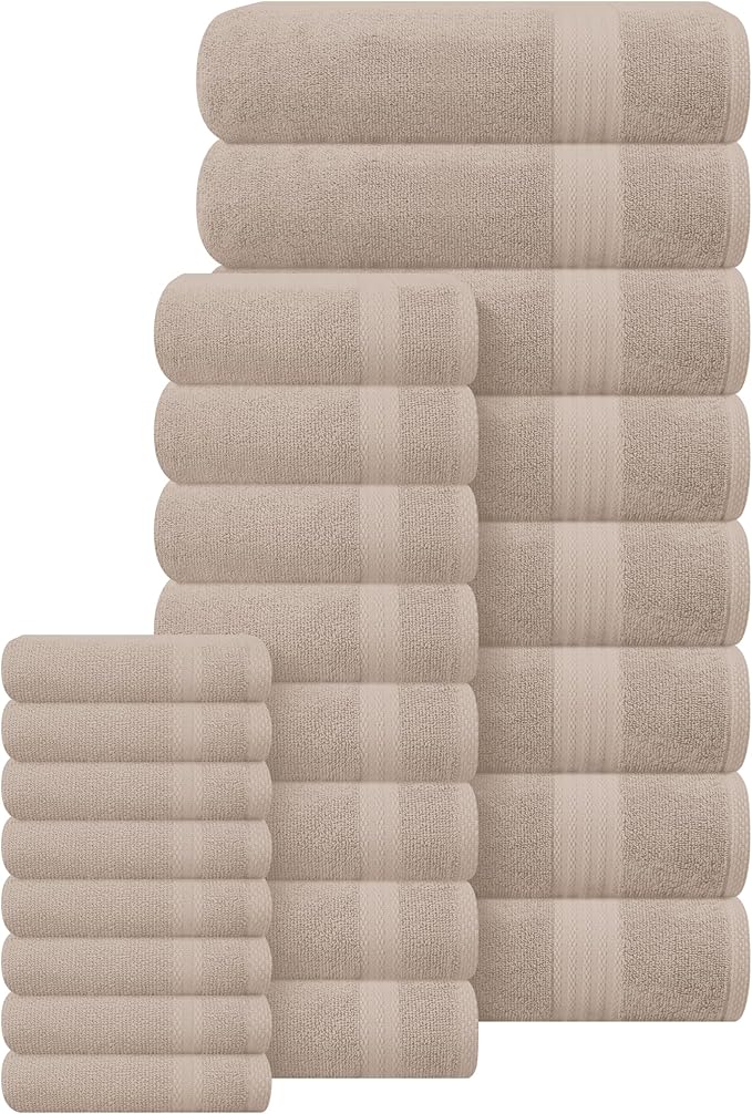 GLAMBURG Ultra Soft 24-Piece Towel Set - 100% Pure Ringspun Cotton, Contains 8 Oversized Bath Towels 27x54, 8 Hand Towels 16x28, 8 Wash Cloths 13x13 - Ideal for Everyday use, Hotel & Spa - Tan