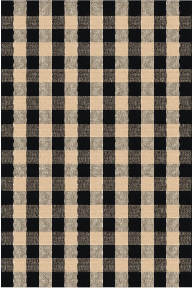 KOZYFLY Buffalo Plaid Area Rug 5 x 7 Ft Brown and Black Checkered Rug Washable Outdoor Patio Rugs Cotton Rugs for Living Room Carpet for Dining Room Bedroom Farmhouse