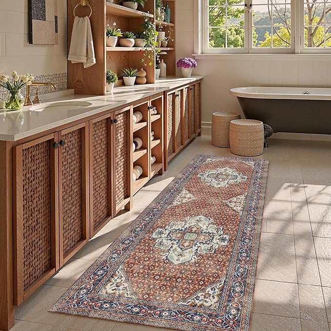 Washable Area Rug 2'6'' x 8' Vintage Traditional Persian Mat - Foldable Distressed Non-Slip Machine Washable Carpet for Living Room Bedroom Kitchen Home Decor - Terracotta and Navy