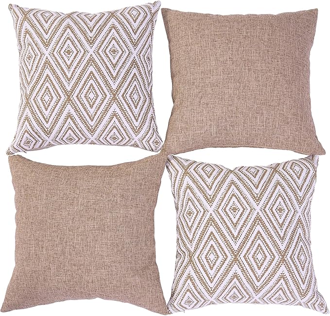 HPUK Decorative Throw Pillow Covers Set of 4 Geometric Design Linen Cushion Cover for Couch Sofa Living Room, 20"x20" inches, Light Brown