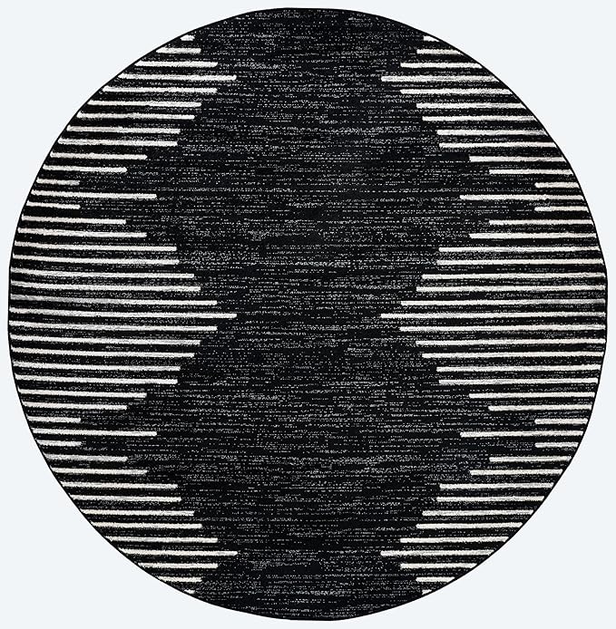 Rugshop Bohemian Stripe Stain Resistant High Traffic Living Room Kitchen Bedroom Dining Home Office Round Area Rug 8' Black
