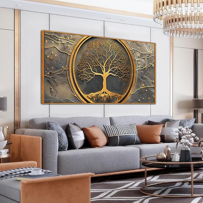 Tree Pictures Wall Art for Living Room - Gold Modern Wall Decor Office - Wooden Framed Wall Art Size 29" x 59"