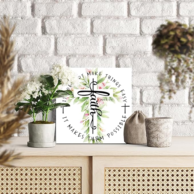 Christian Gifts: 'Faith' Luke 1:37 Wooden Box Sign Decor - Thanksgiving & Christmas Gifts, Christian Home Decor for Family & Friends