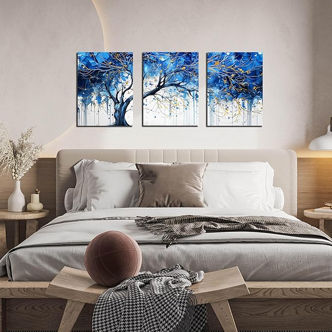 CIRABKY Blue Tree Pictures Wall Decor for Living Room - Blue and White Wall Art for Bedroom - Modern Wall Decor for Office Size 12" x 16" x 3 Pieces