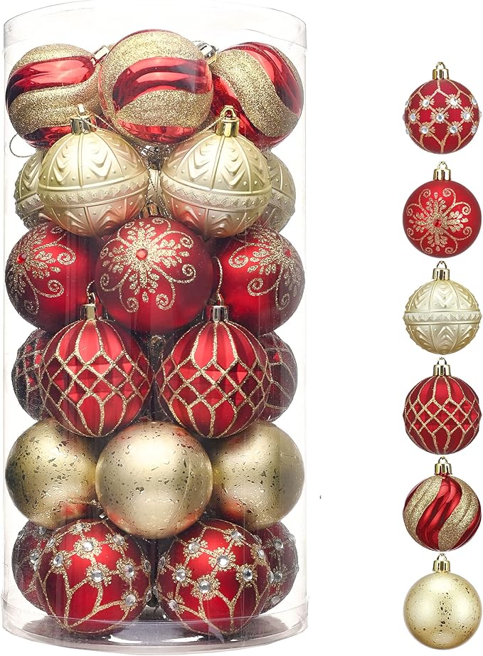 Valery Madelyn Christmas Ornaments Set, 30ct 2.36 Inches Red and Gold Shatterproof Christmas Tree Decorations Ball Ornaments Bulk, Luxury Hanging Ornaments for Xmas Holiday Party Decor