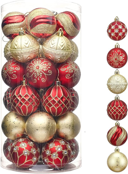 Valery Madelyn Christmas Ornaments Set, 30ct 2.36 Inches Red and Gold Shatterproof Christmas Tree Decorations Ball Ornaments Bulk, Luxury Hanging Ornaments for Xmas Holiday Party Decor