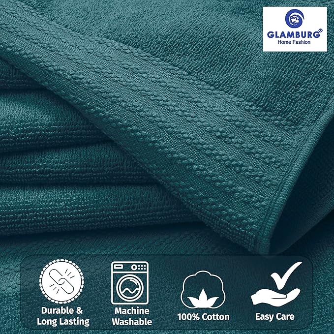 GLAMBURG Ultra Soft 8-Piece Towel Set - 100% Pure Ringspun Cotton, Contains 2 Oversized Bath Towels 27x54, 2 Hand Towels 16x28, 4 Wash Cloths 13x13 - Ideal for Everyday use, Hotel & Spa - Teal