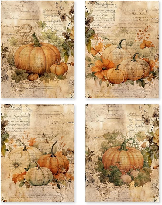 HRQKO Vintage Fall Wall Art Poster Prints Set of 4, Pumpkin Farmhouse Artwork for Home Bedroom Kitchen Decor, 12"x16" Unframed