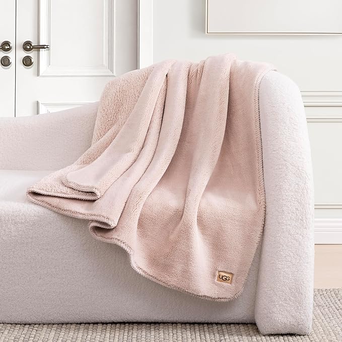 UGG Whitecap Plush Throw Blanket Fleece Lightweight Soft Throw for Couch or Bed Luxury Home Decor for Living Room Washable Hypoallergenic Blankets for Dorm Decor, 50-inch x 70-inch, Light Pink Quartz