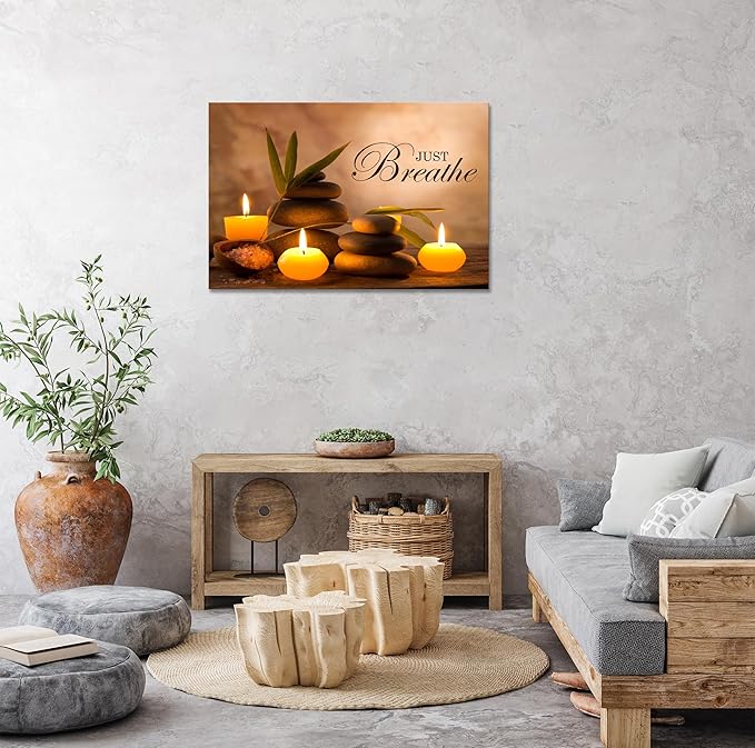 YIOZHAOFH Zen Wall Decor Just Breathe Motivational Bathroom Wall Art Yoga Room Poster for Women Spa Picture Painting Spiritual Artwork Framed for Living Room Ready to Hang (24L x 36W)