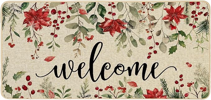 ORTIGIA Welcome Christmas Poinsettia Doormat Indoor Outdoor, Winter Holly Berry Patio Door Mats Non-Slip Durable Door Mat for Home Entrance, Outside Entry, Yard, Floor, Patio 17x36 Inch