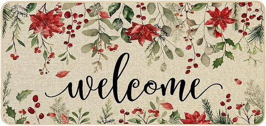 ORTIGIA Welcome Christmas Poinsettia Doormat Indoor Outdoor, Winter Holly Berry Patio Door Mats Non-Slip Durable Door Mat for Home Entrance, Outside Entry, Yard, Floor, Patio 17x36 Inch
