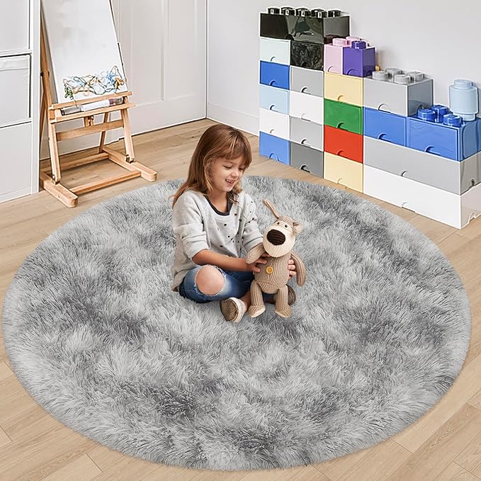 5x5 ft Tie Dye Grey Round Rug for Bedroom Room Fluffy Circle Rug Furry Carpet Shaggy Circular Fuzzy Washable Non-Slip Large Area Rug Soft Indoor for Living Room Cute Aesthetic Home Decor