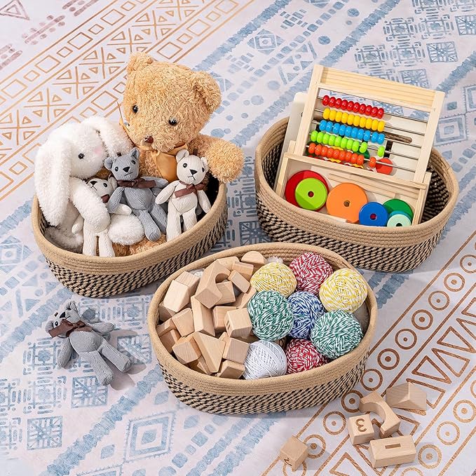 CubesLand Small Baskets, Storage Baskets for Organizing Shelves, Rectangular Woven Storage Baskets Natural Cotton Rope Toy Storage Bins Closet Baby Baskets Empty Gifts Baskets Camel/Mixed Black