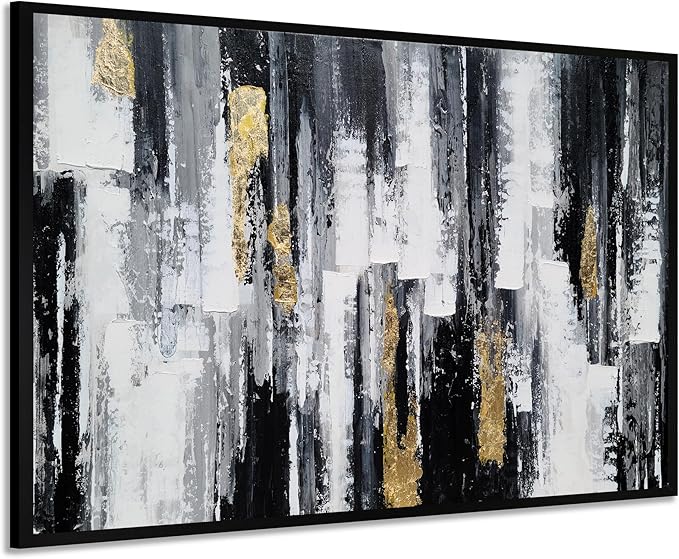 Yihui Arts Framed Black and White Hand Painted Canvas Wall Art with Gold Foil