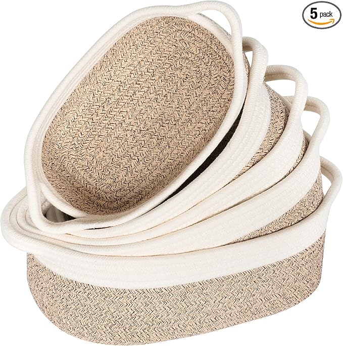 MINTWOOD Design 5-Piece Small Decorative Woven Storage Baskets Set for Shelves, Bathroom, Pantry and Nightstand Organizer, Catch All Tray for Organizing Gifts, Dog and Cat Toys, Light Brown