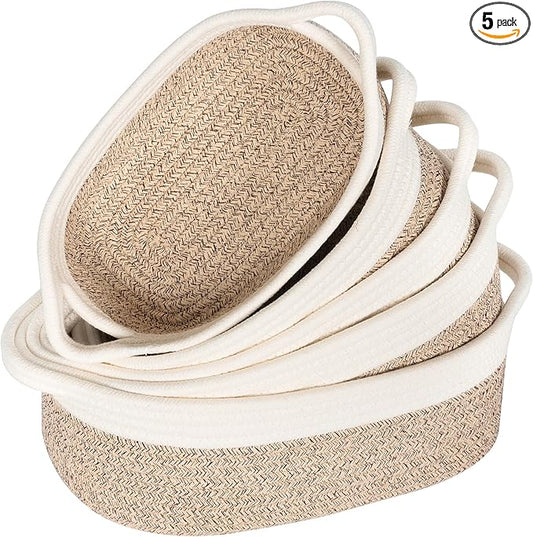 MINTWOOD Design 5-Piece Small Decorative Woven Storage Baskets Set for Shelves, Bathroom, Pantry and Nightstand Organizer, Catch All Tray for Organizing Gifts, Dog and Cat Toys, Light Brown