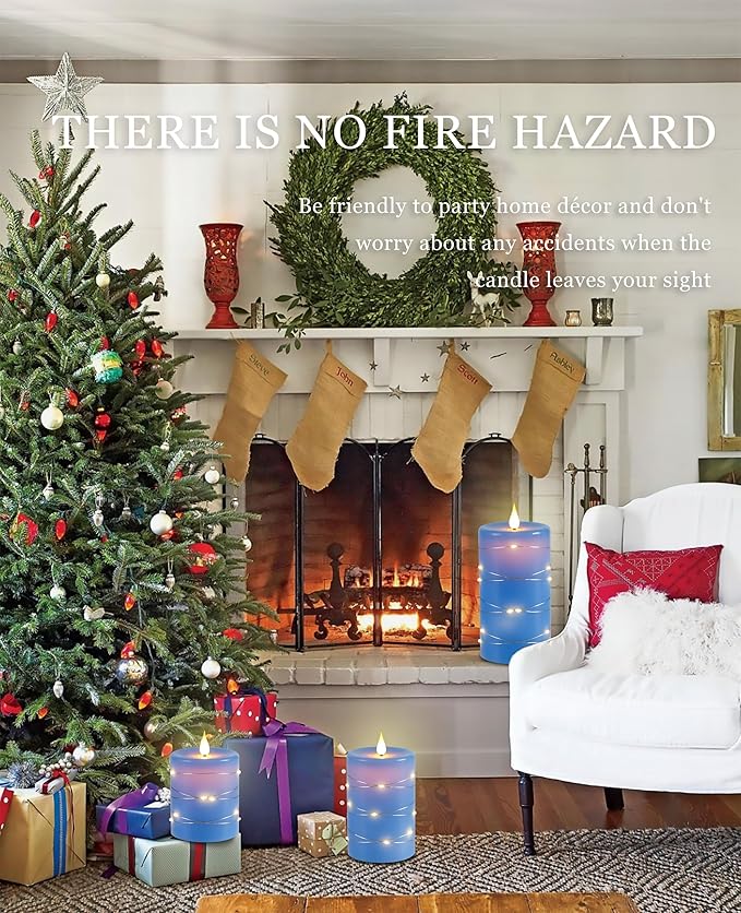 Da by Flameless Candles with String Lights，Battery Operated Candles,LED Flickering Candles with Remote Control and Timer, Real Wax, 3 Pack-Blue