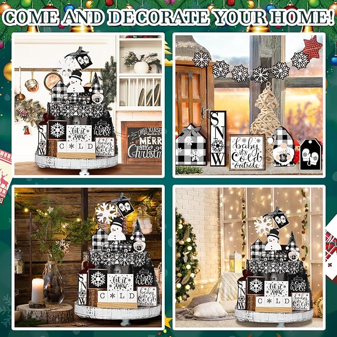 17 Pcs Christmas Tiered Tray Decor Set Winter Tiered Tray Decorations Farmhouse Tabletop Centerpiece Christmas Wooden 3D Sign for Xmas Home Buffalo Plaid Rustic Table Decoration(Cool)