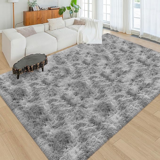 Tie Dye Grey Soft Shaggy Fluffy Rug for Living Room 6x9ft Anti-Skid Durable Area Rug Mat Bedside Throw Rug for Bedroom Kids Room Boys Teens Nursery Dorm Office Home Decor Carpets