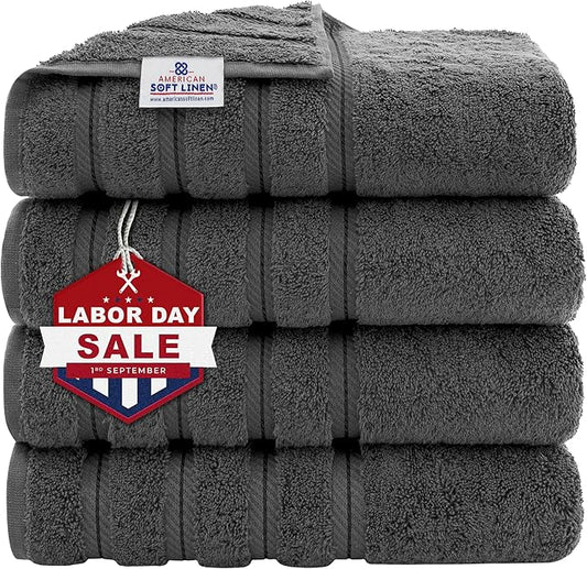 American Soft Linen Luxury 4 Piece Bath Towel Set, 600 GSM 100% Cotton Turkish Bath Towels for Bathroom, 27x54 in Large Bathroom Shower Towels, Dark Gray